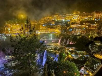 Waterfall Night View in Furong Town