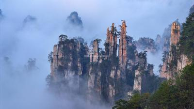 Misty fog covering the peaks in Zhangjiajie National Forest Park