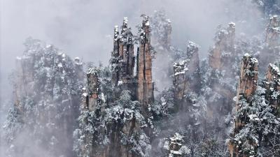 Snow-covered Zhangjiajie peaks in winter