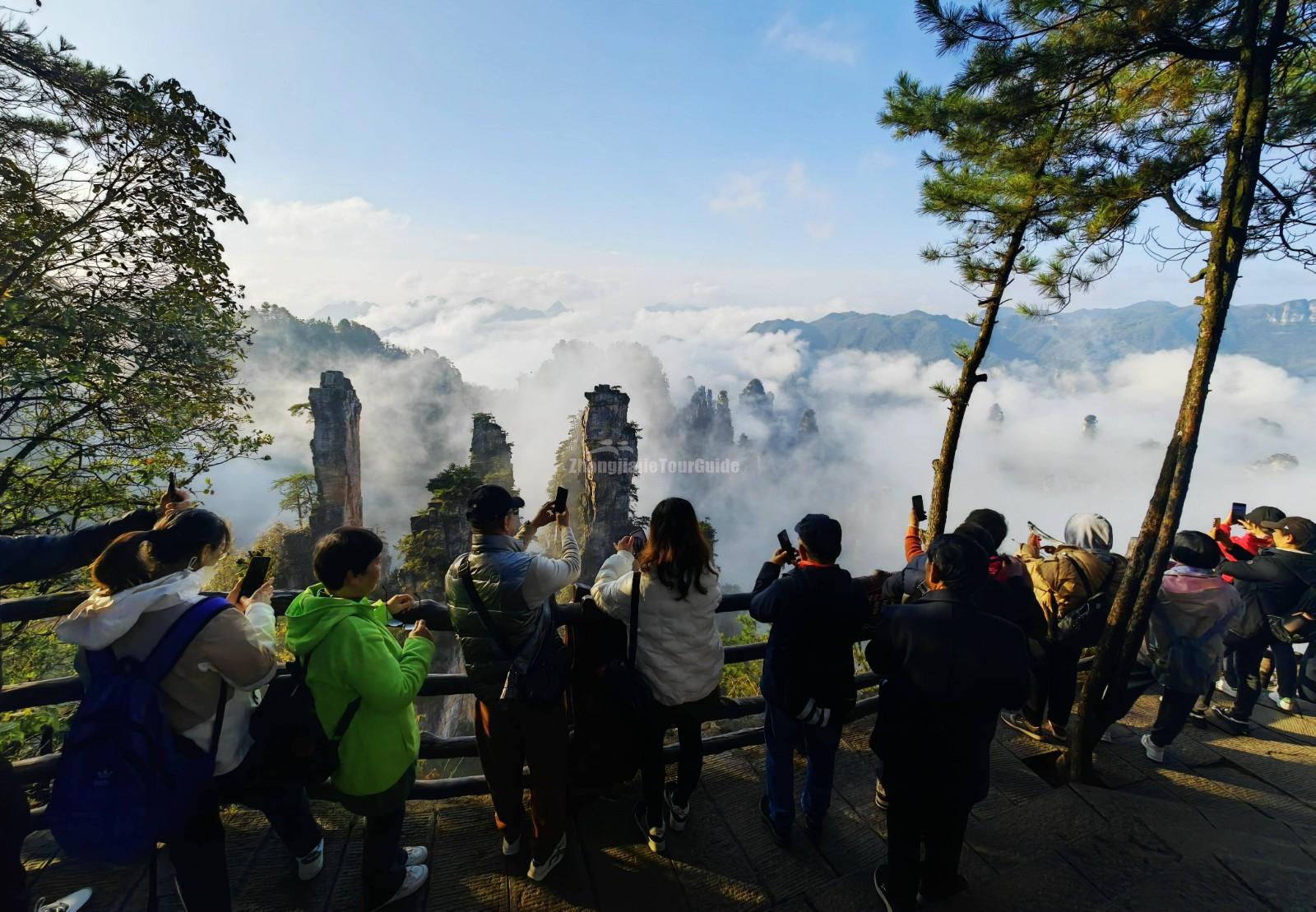 Crowded viewing platform at Zhangjiajie National Forest Park
