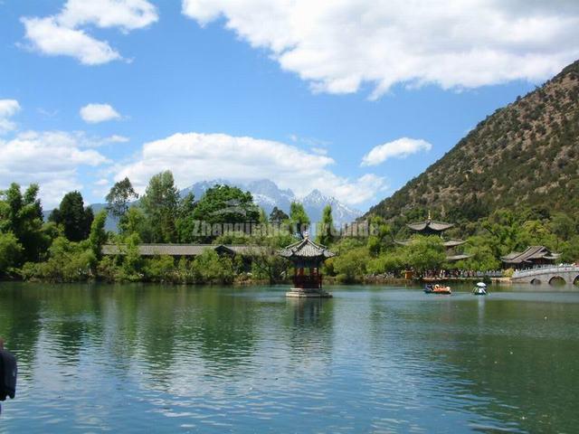 Black Dragon Pool Park Pavilion and Small Boat Lijiang Yunnan